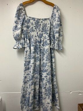 Nothing Fits But Blue Toile Smocked Puff Sleeve Dress XL